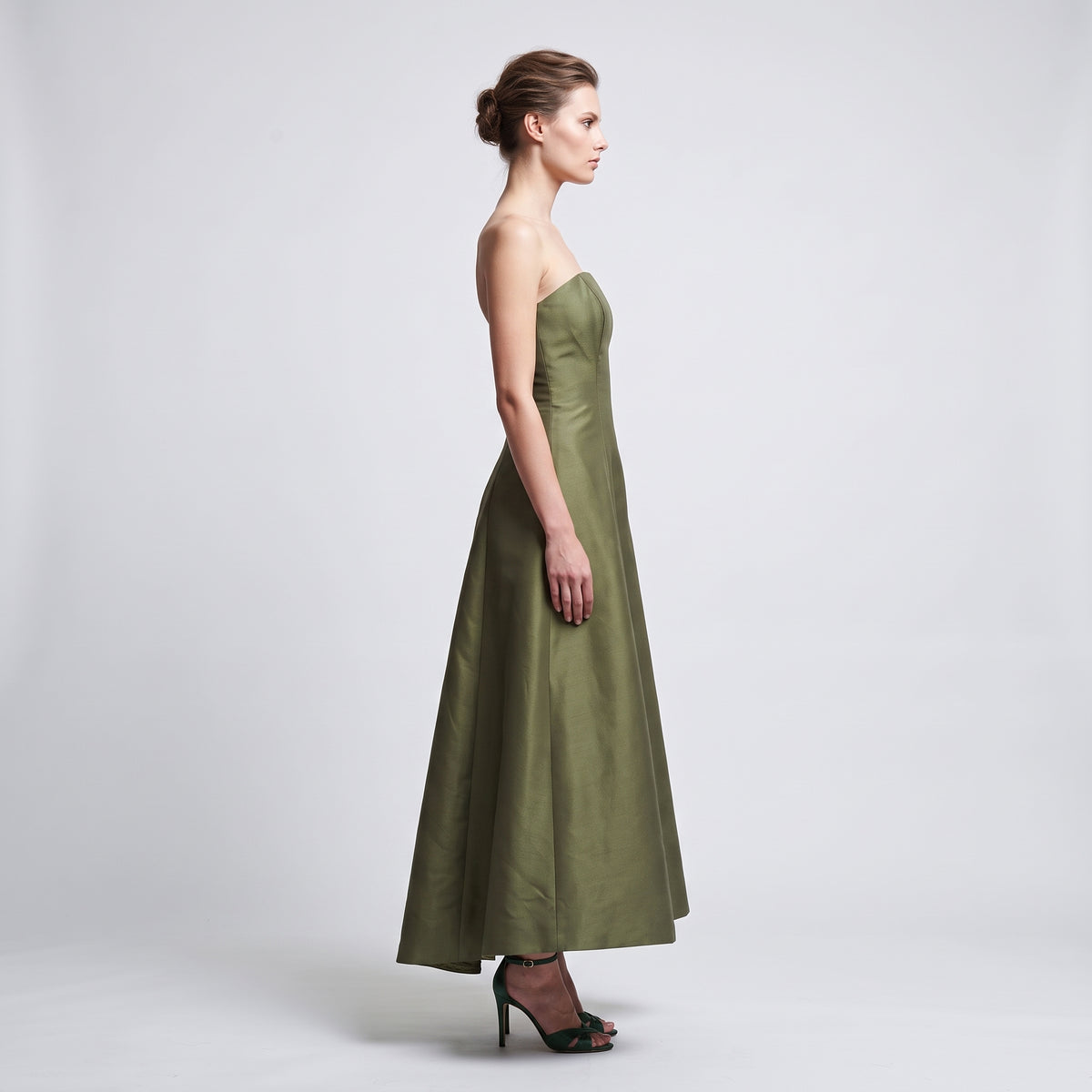Structured Strapless Olive Midi Dress