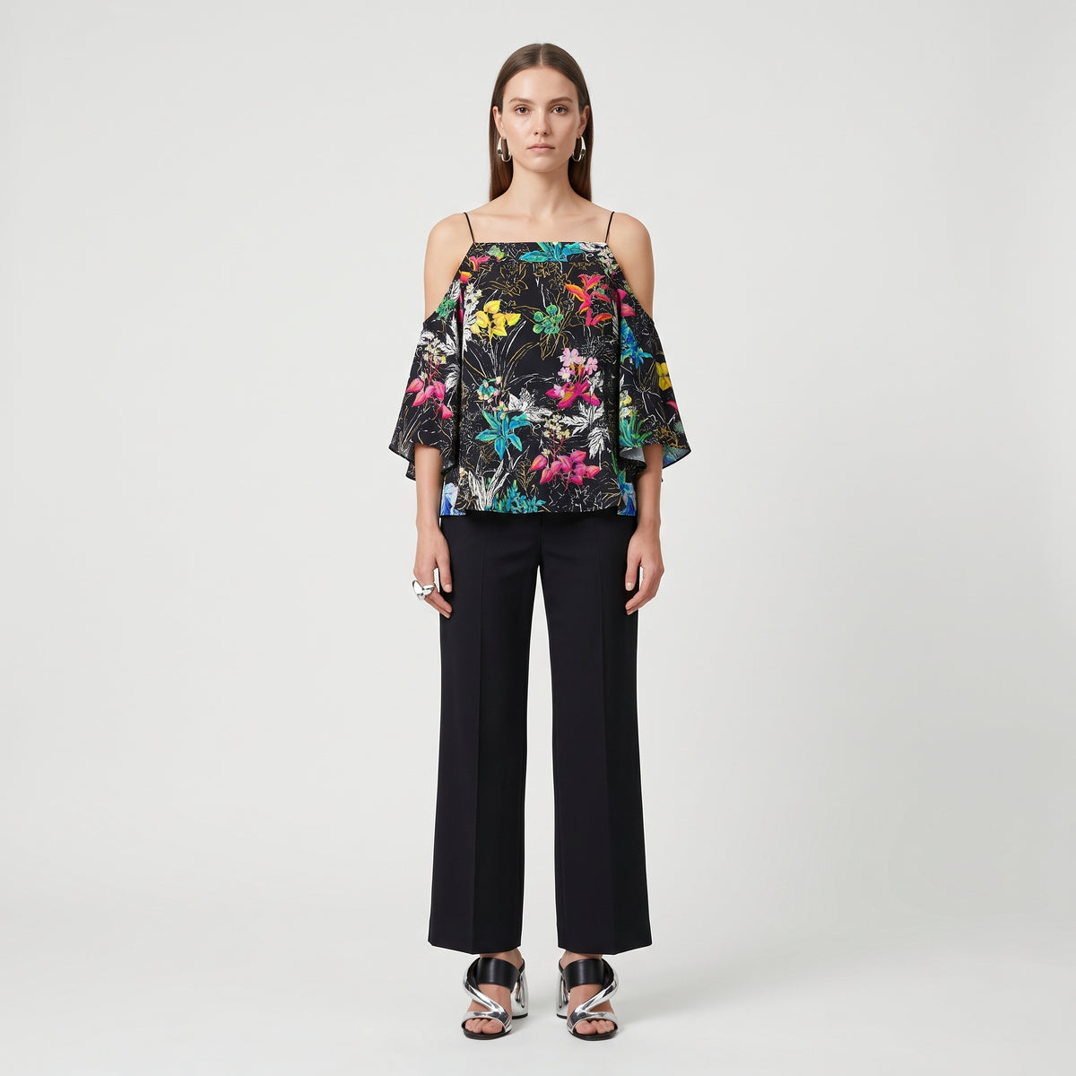 Floral Cold Shoulder Bell-Sleeve Top