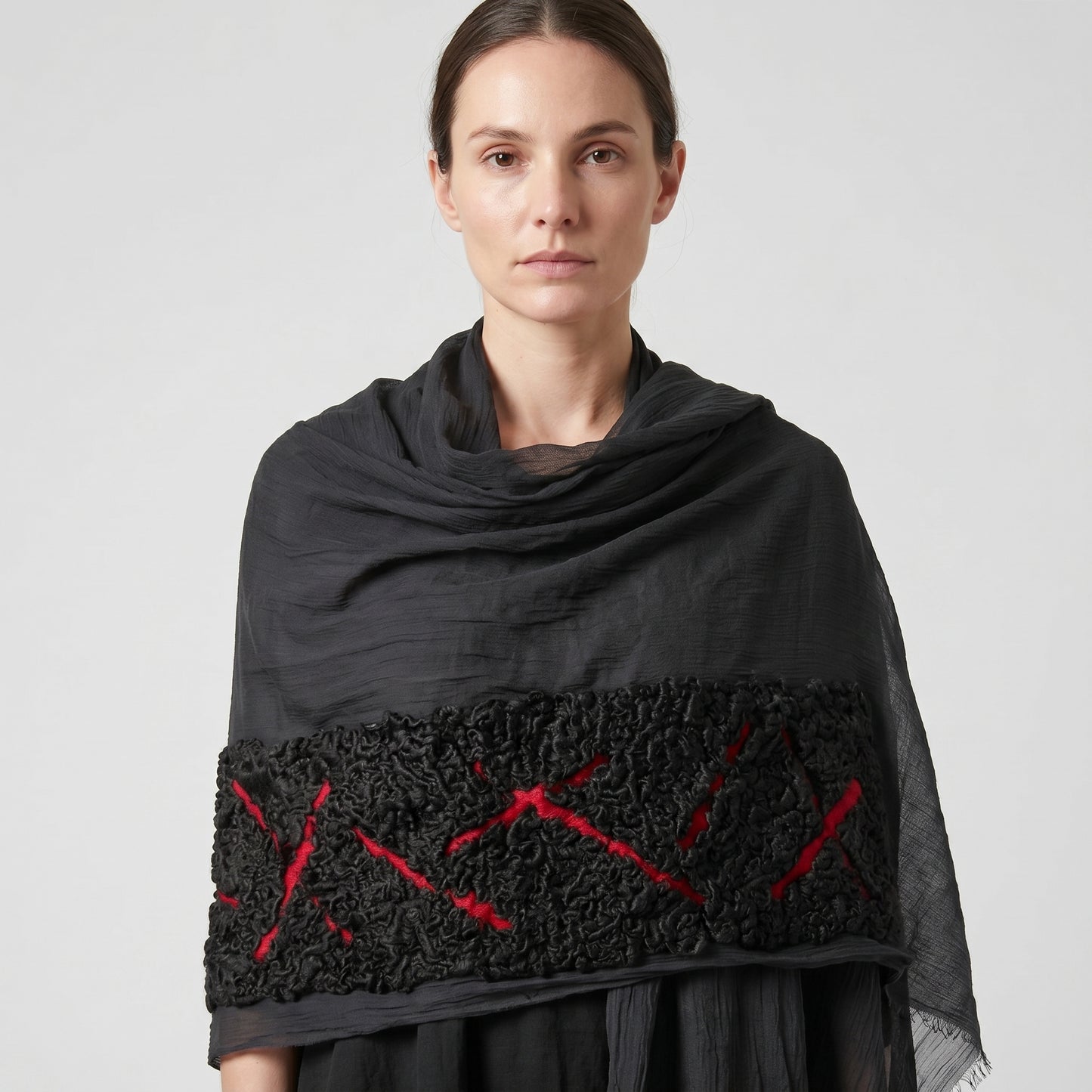 Embroidered Grey Raw Edge Scarf