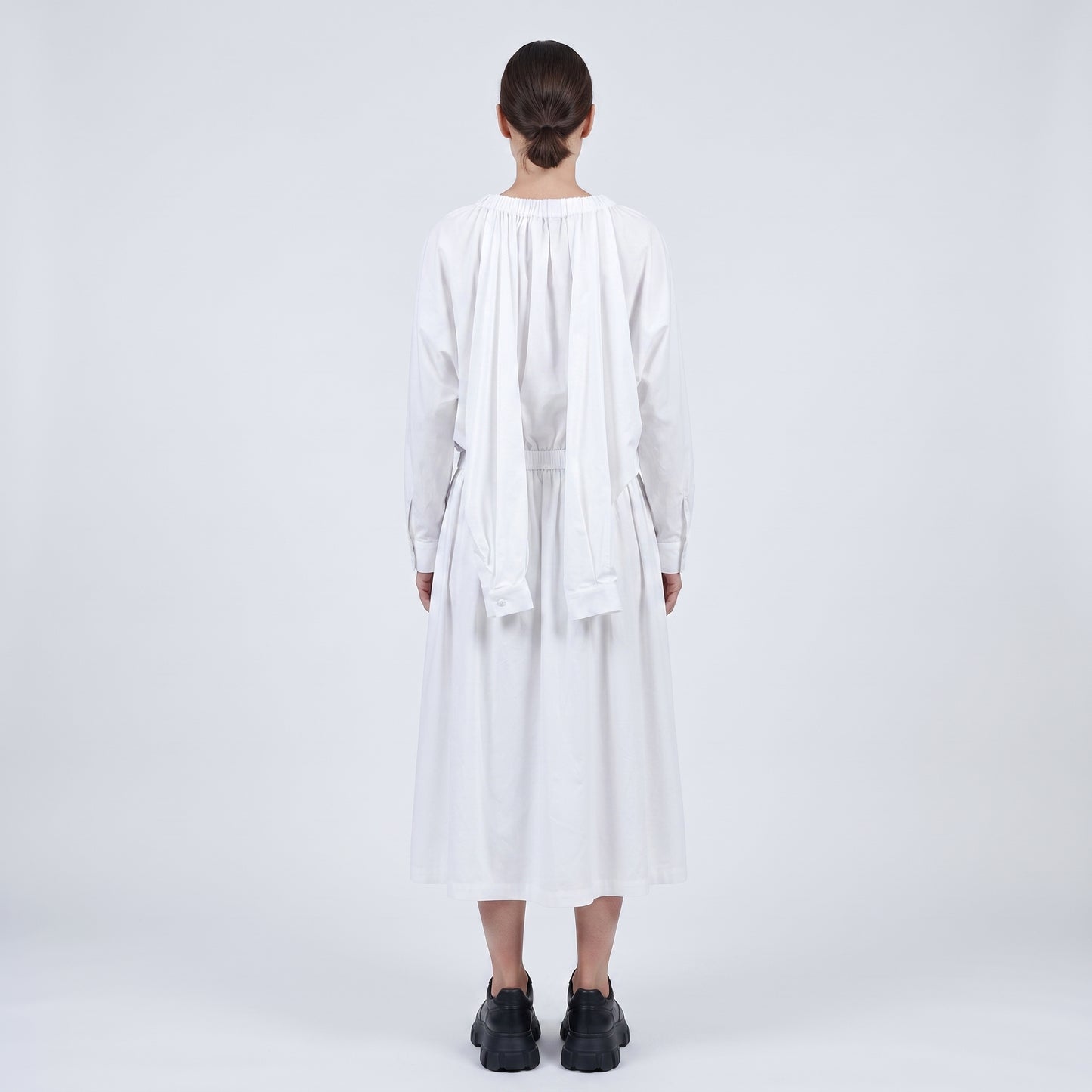 Elegant Gathered White Cotton Dress