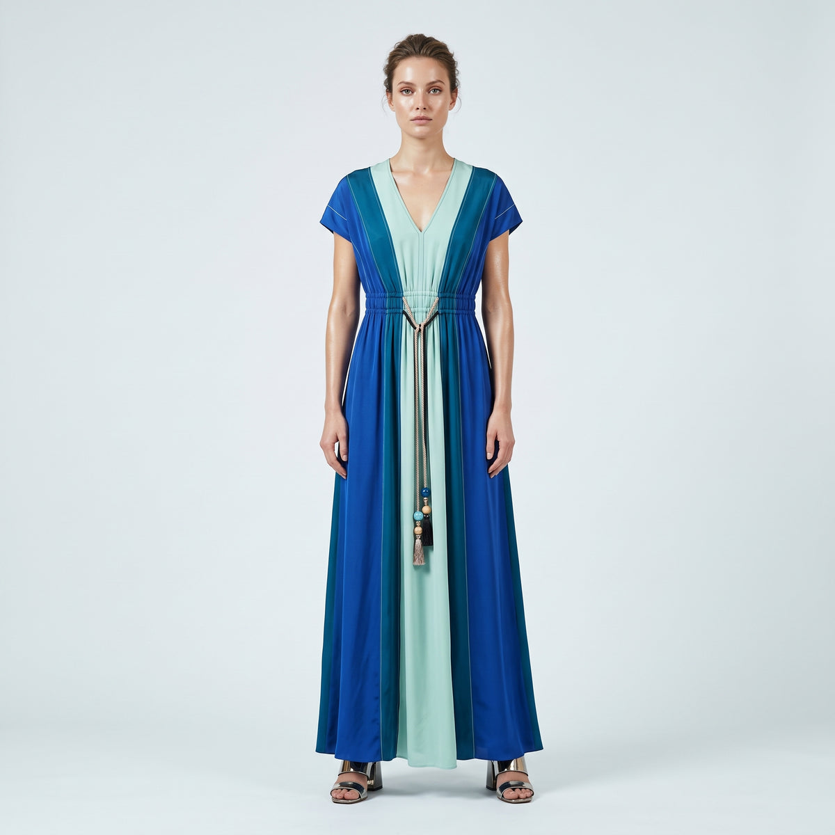 Colorblocked Tasseled V-Neck Dress