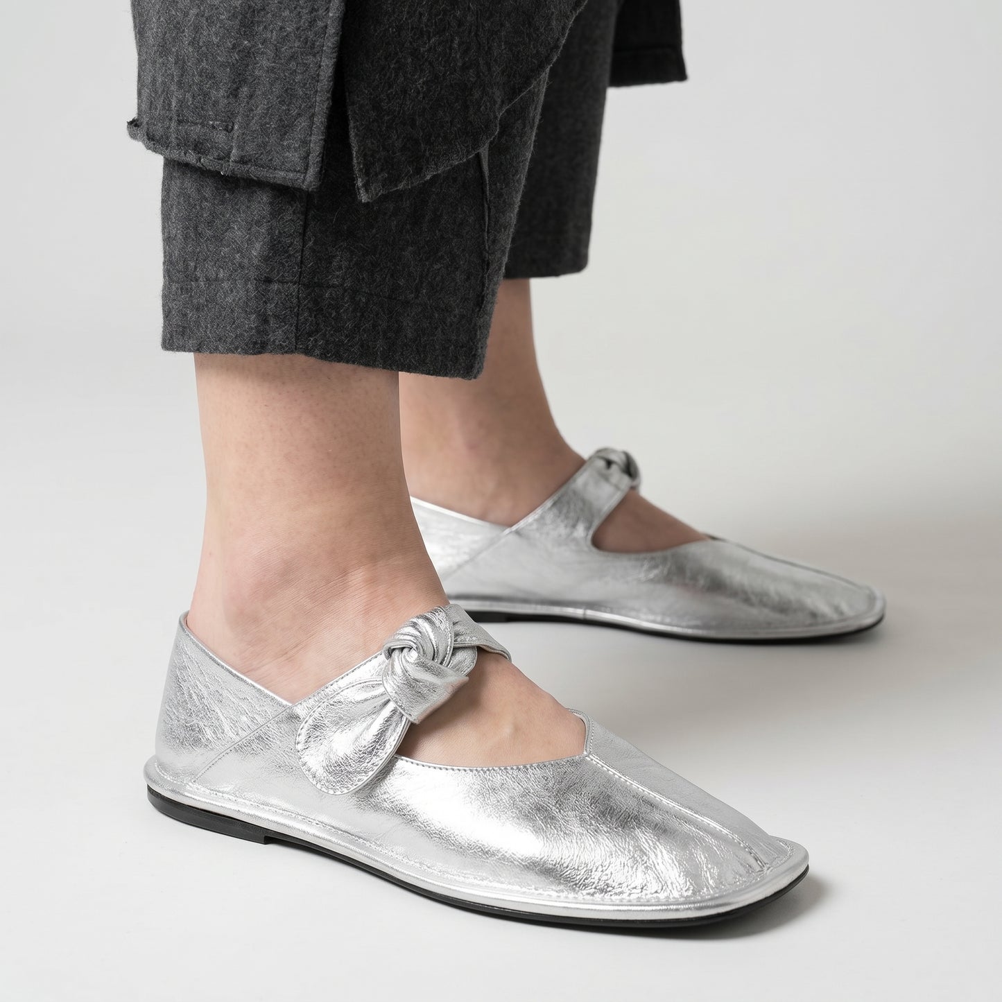 Metallic Knotted Leather Flats
