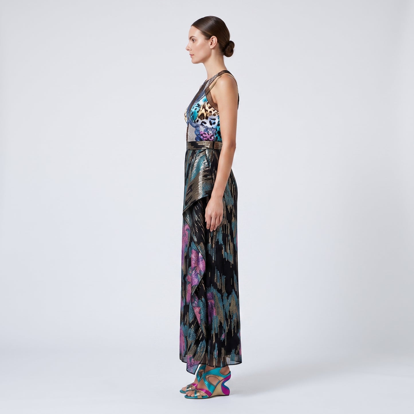 Metallic Floral Ruffle Maxi Skirt