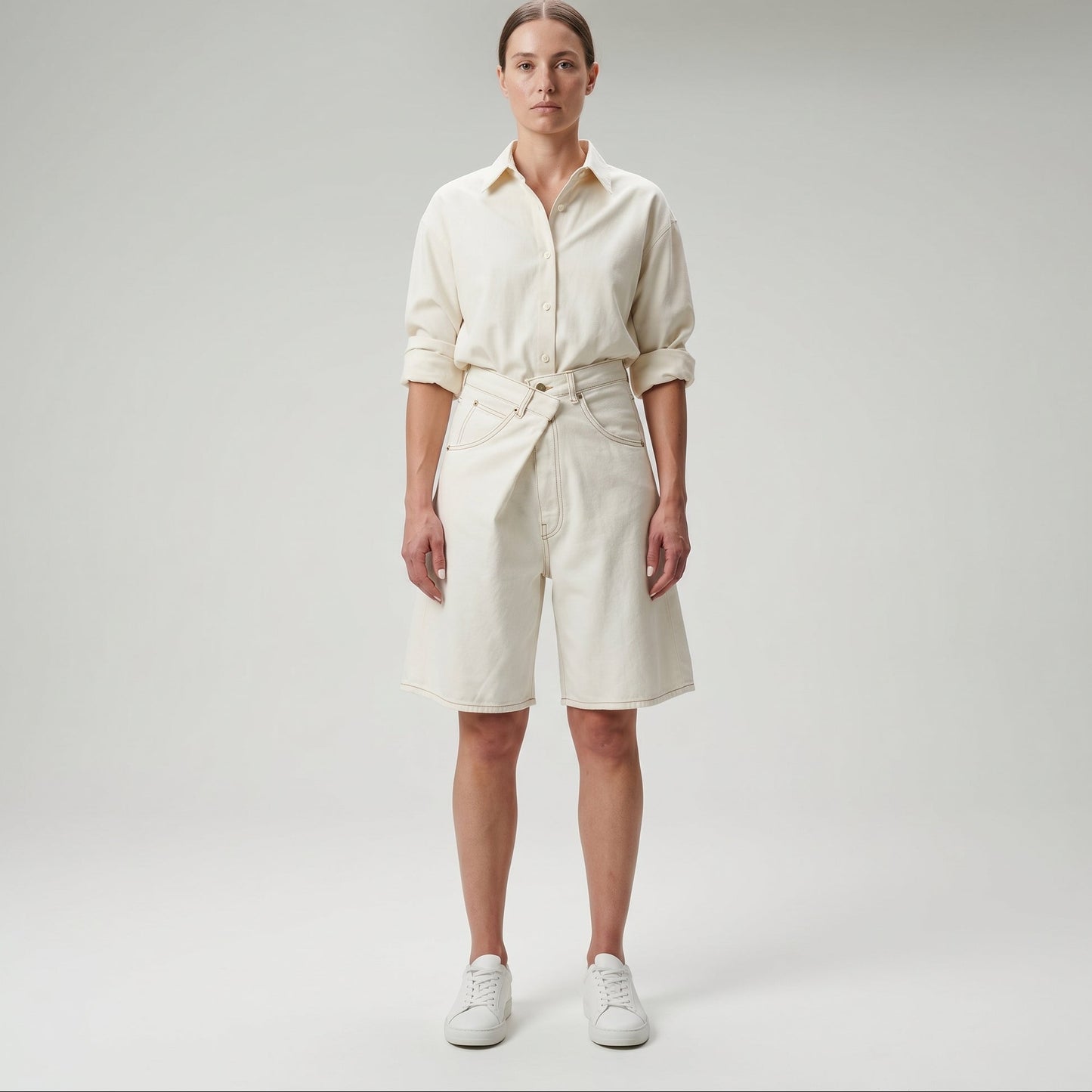 Asymmetric Off-White Denim Shorts