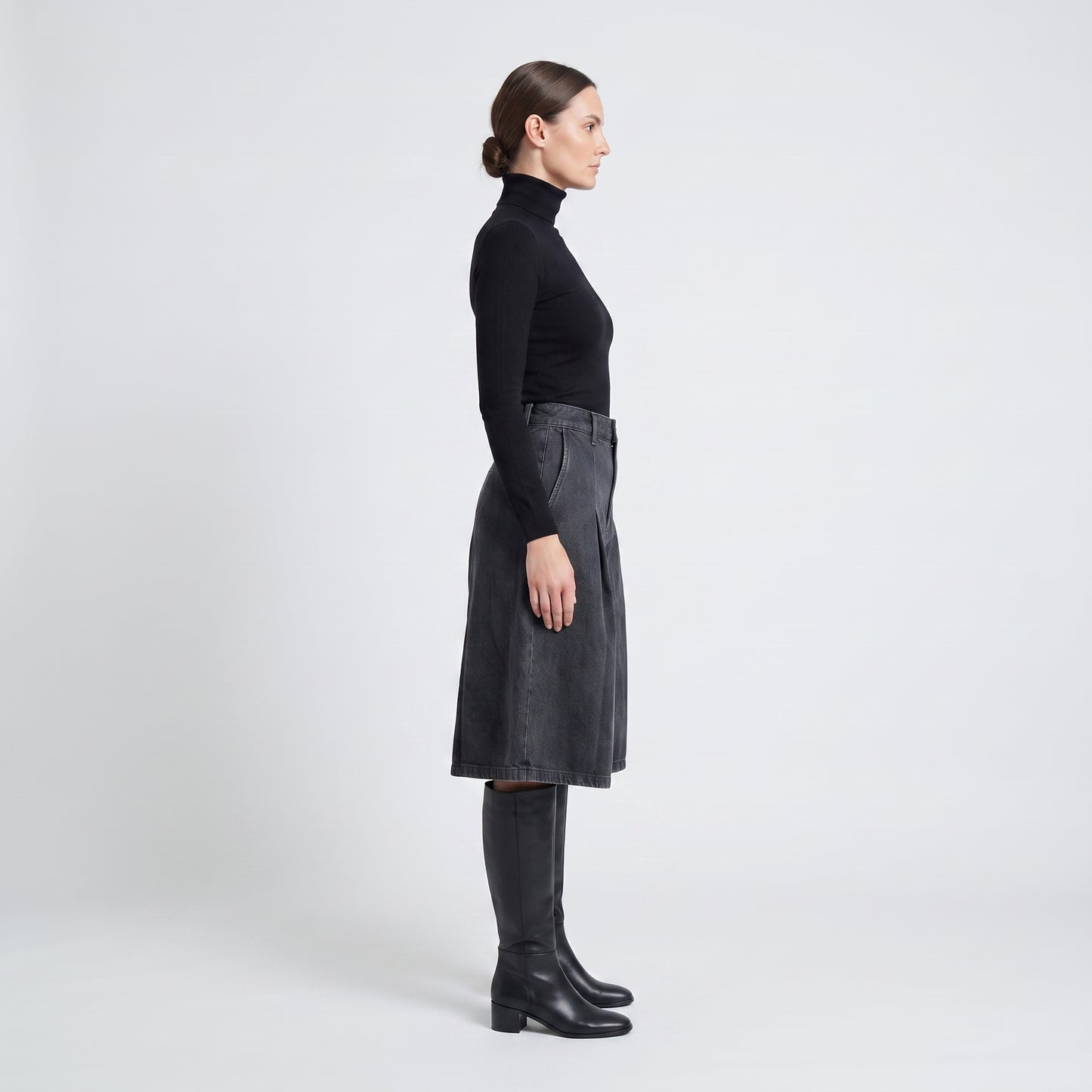 Pleated Black Denim Culottes