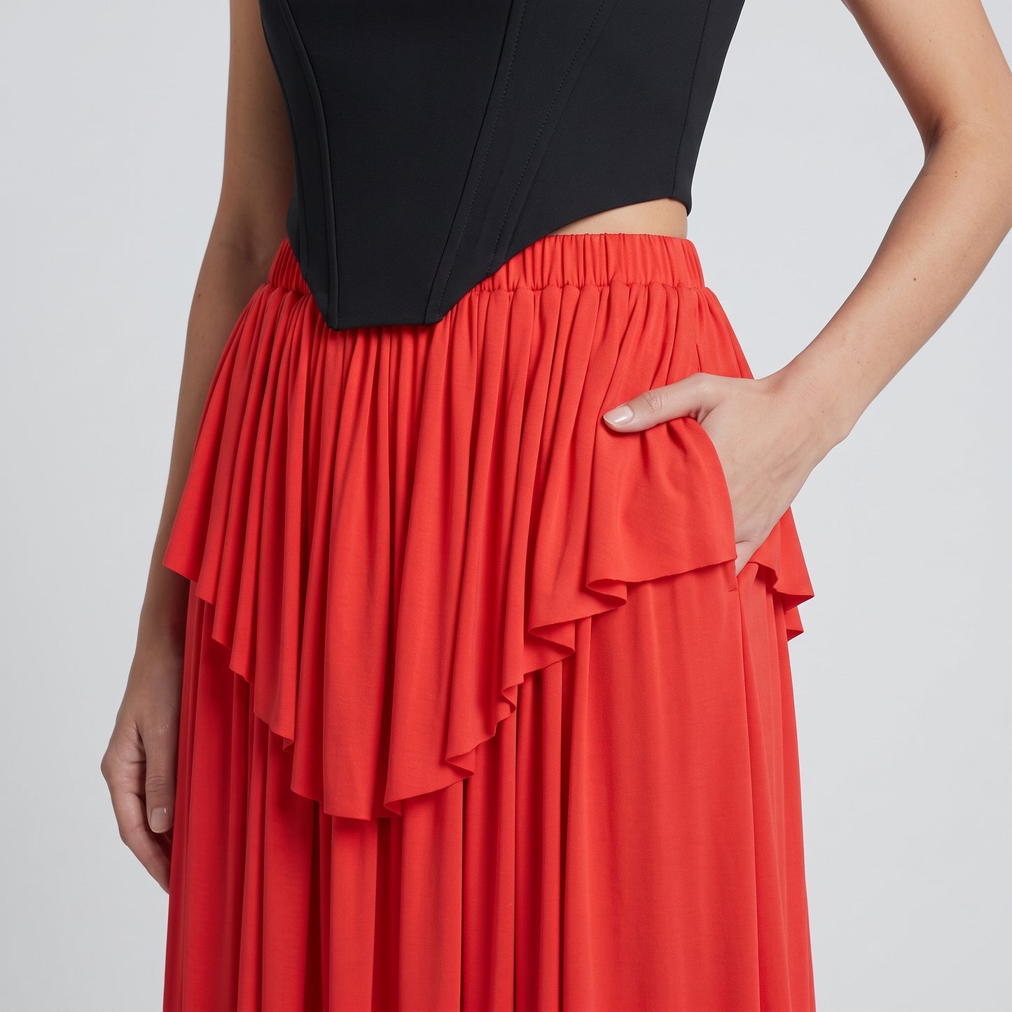Red Pleated Ruffle Maxi Skirt