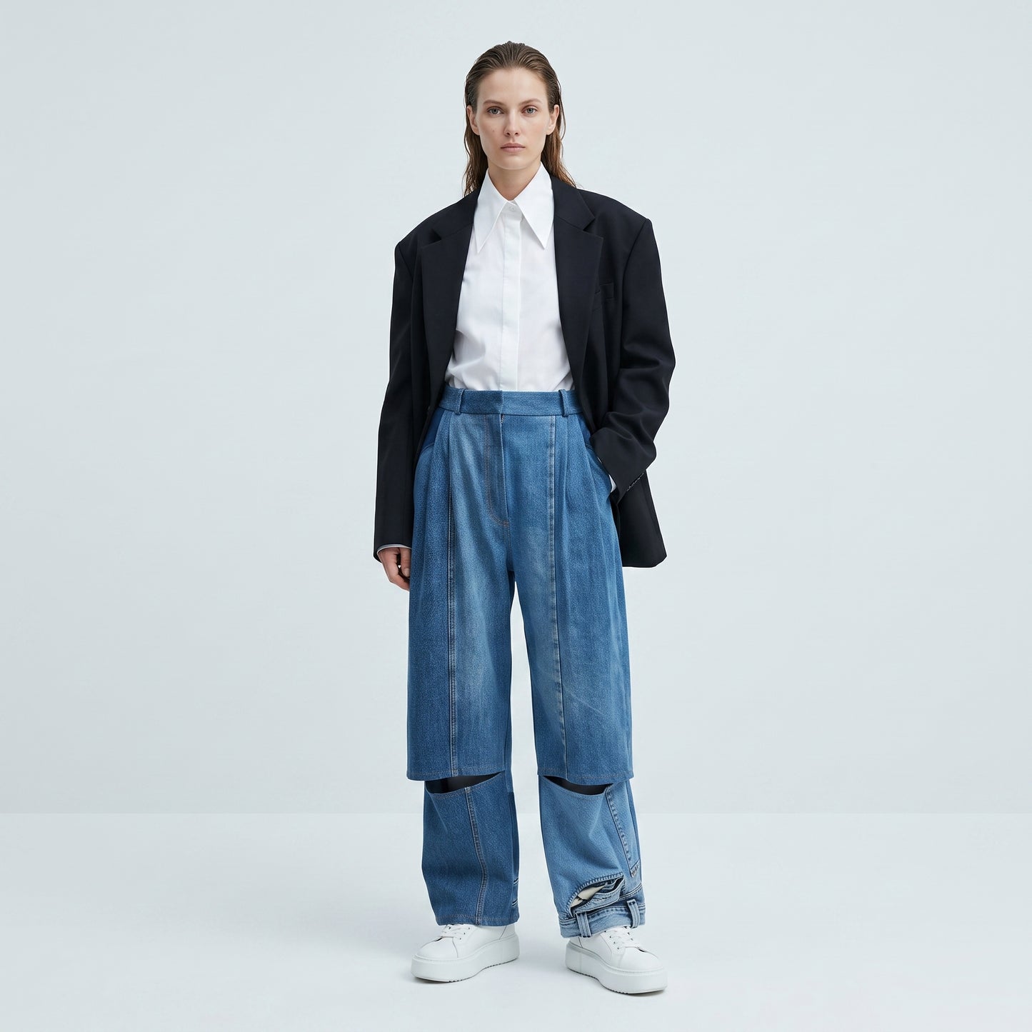 Deconstructed Pleated Denim Trousers