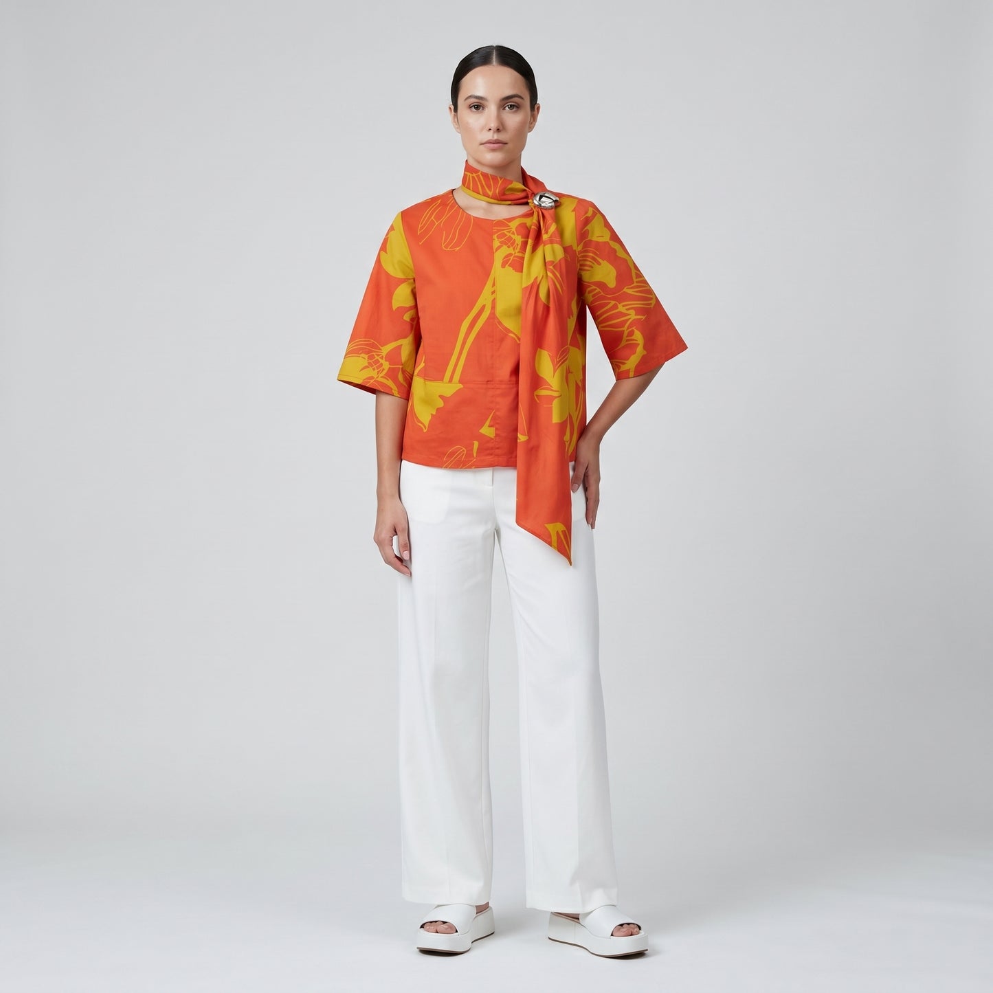 Floral Draped High-Neck Blouse