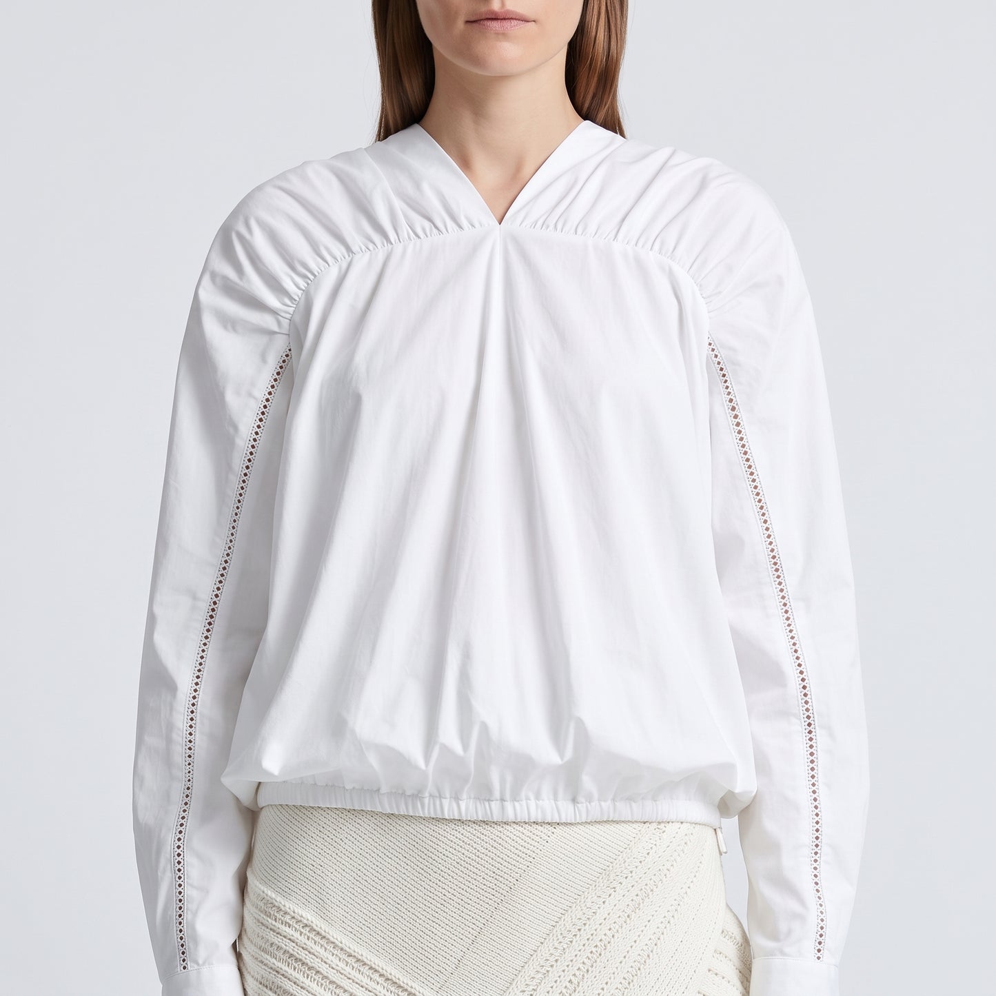 Pleated V-Neck Cotton Blouse