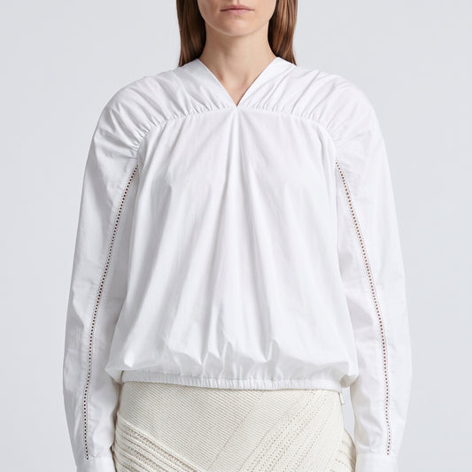 Pleated V-Neck Cotton Blouse