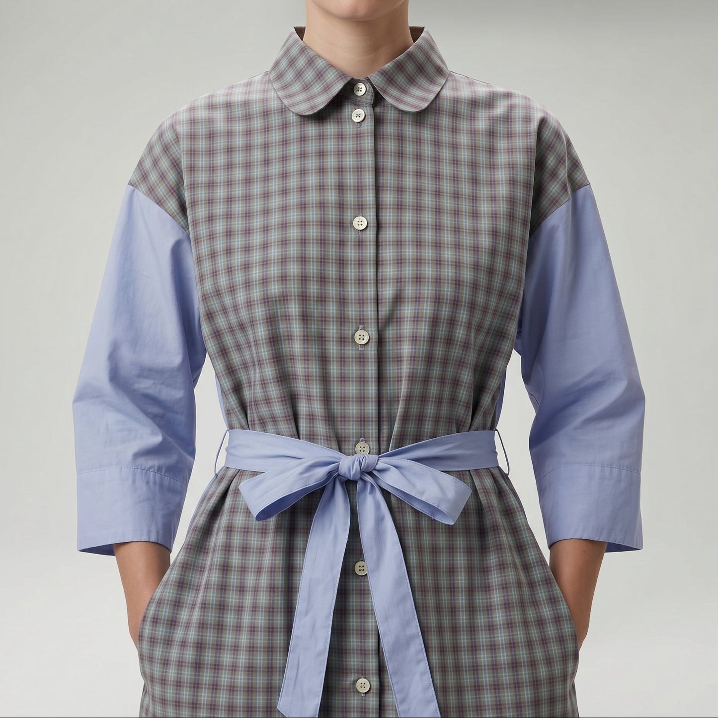 Checkered Panel Tie-Waist Dress