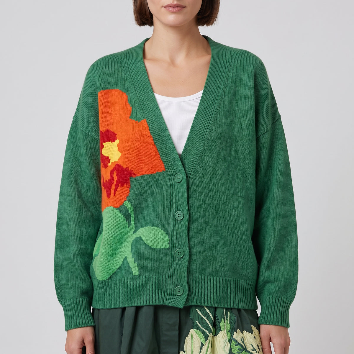 Floral Intarsia V-Neck Cardigan