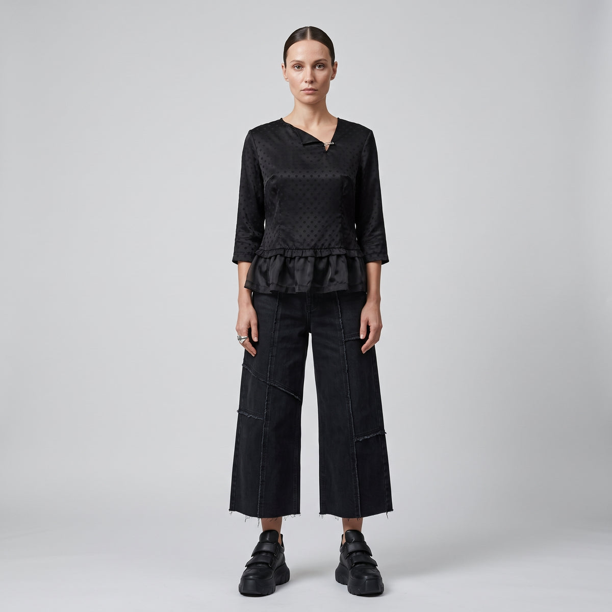 Textured Peplum Black Blouse