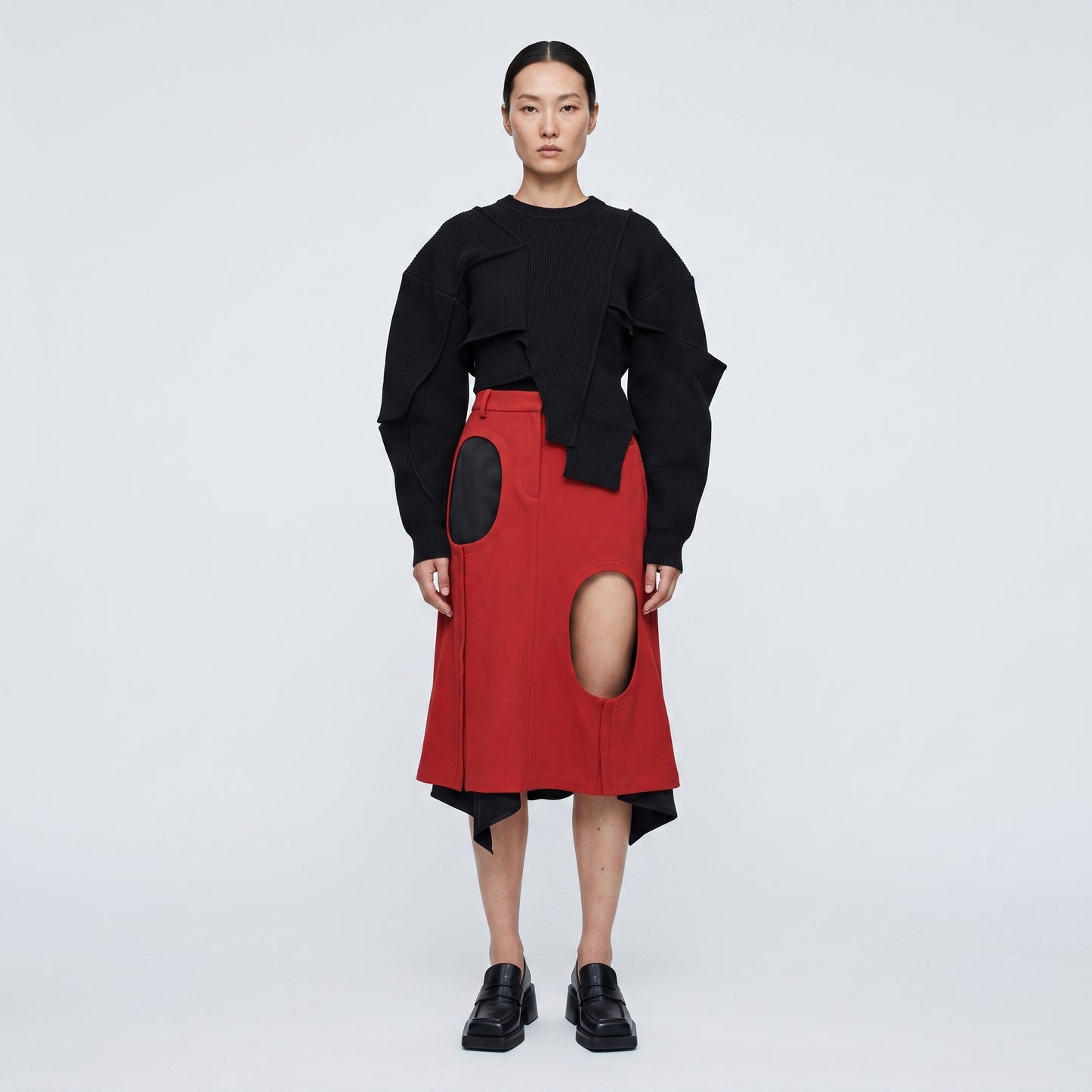 Red Cutout Tailored Midi Skirt