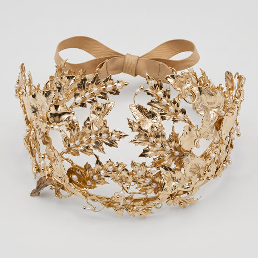 Golden Leaf Pearl Crown Accessory