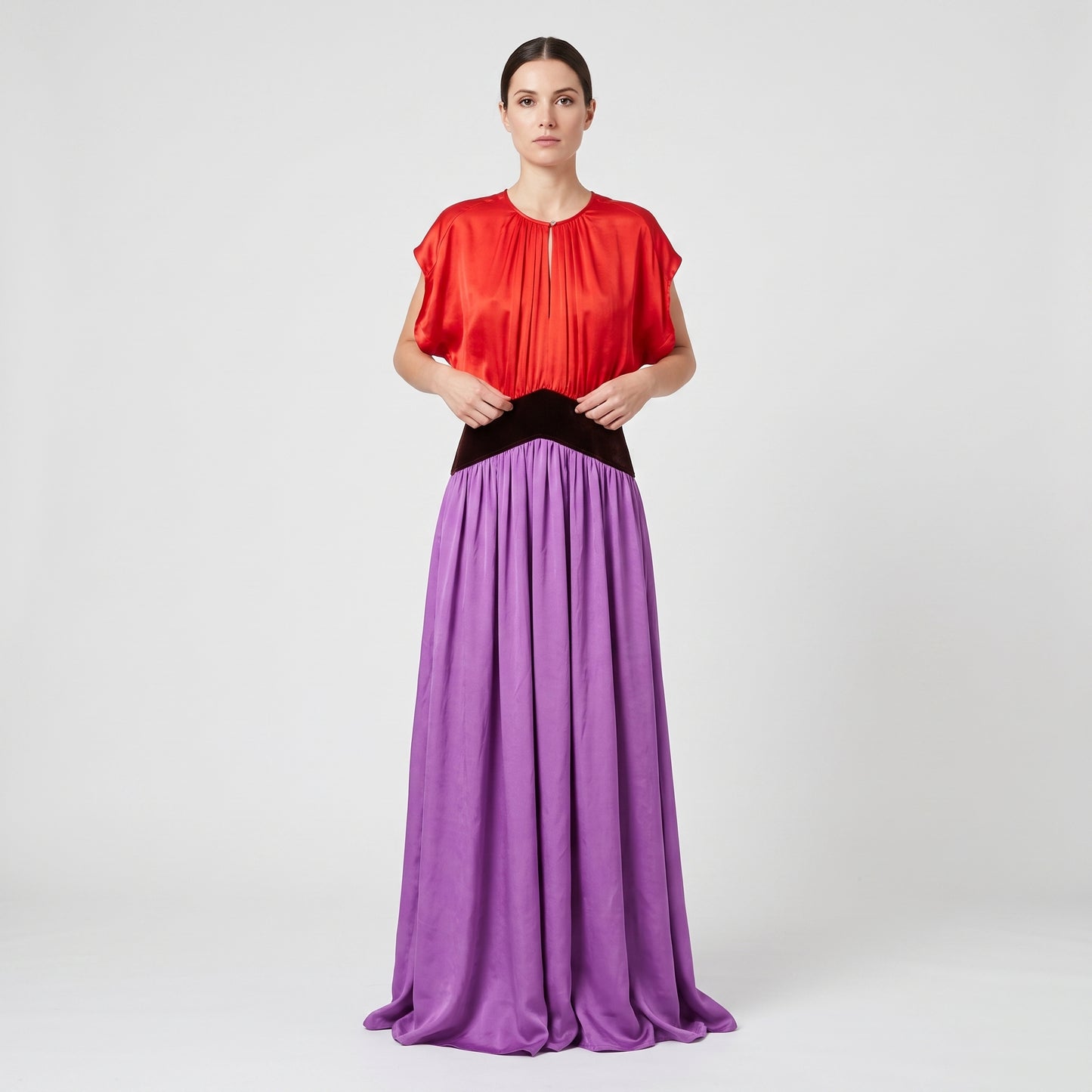 Colorblocked Pleated Satin Dress