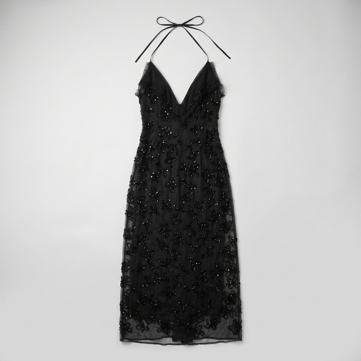 Embellished Black Halter Midi Dress