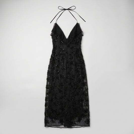 Embellished Black Halter Midi Dress