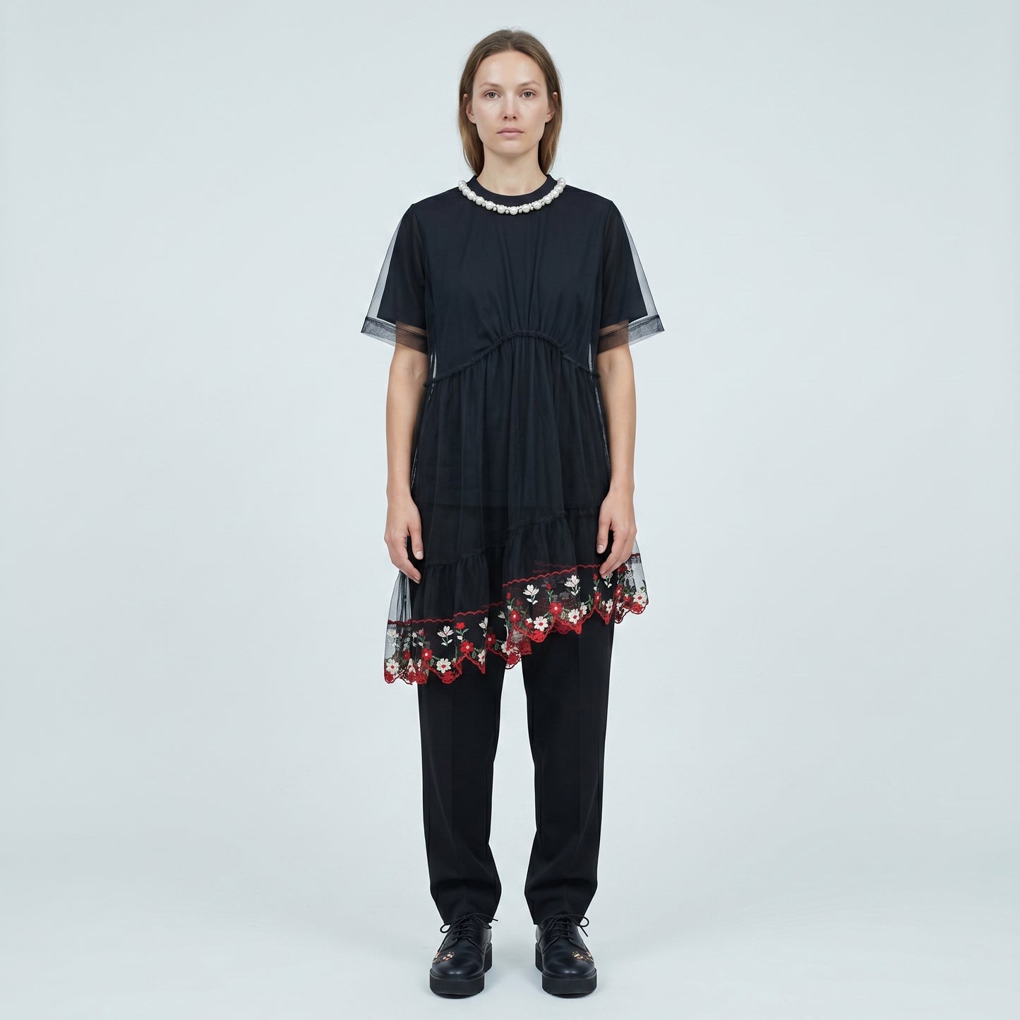 Pearl Collar Floral Tulle SHIRT TOP