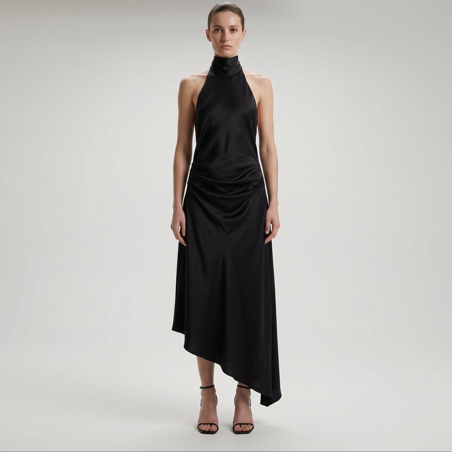 Asymmetric Drape High-Neck Dress