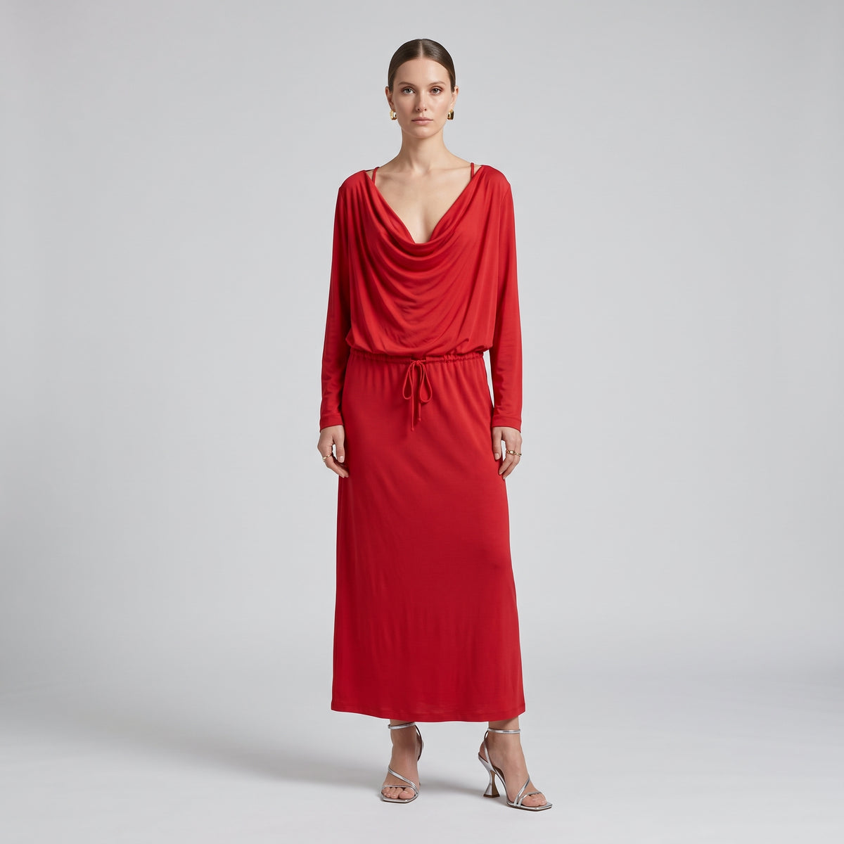 Cowl Neck Red Jersey Dress
