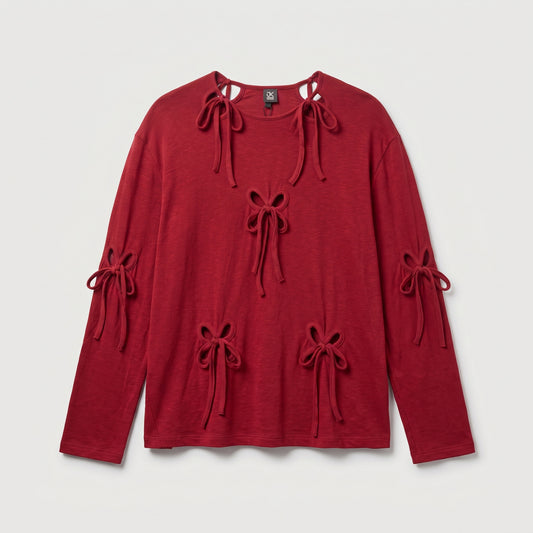 Red Bow Detail Long-Sleeve Top