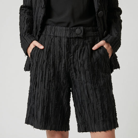 Textured Fringed Black Shorts