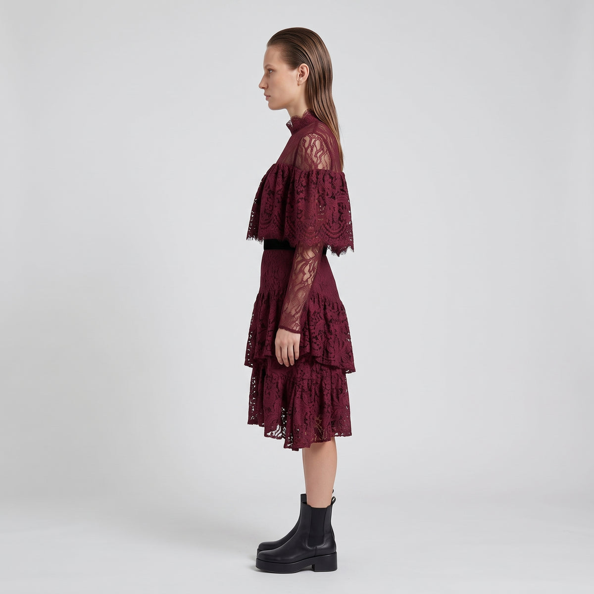 Burgundy Lace Ruffle Mini Dress