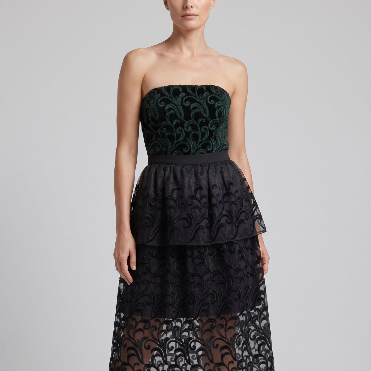 Embroidered Tiered Strapless Midi Dress