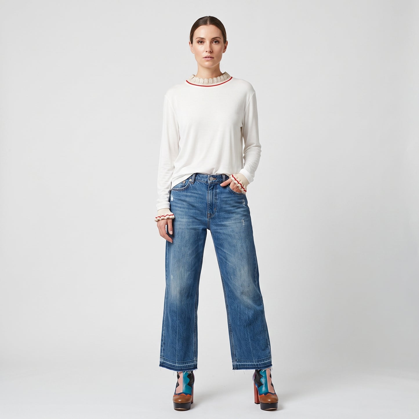 Ruffled Trim Long Sleeve Top