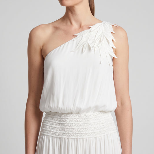 One-Shoulder Leaf Applique Maxi Dress