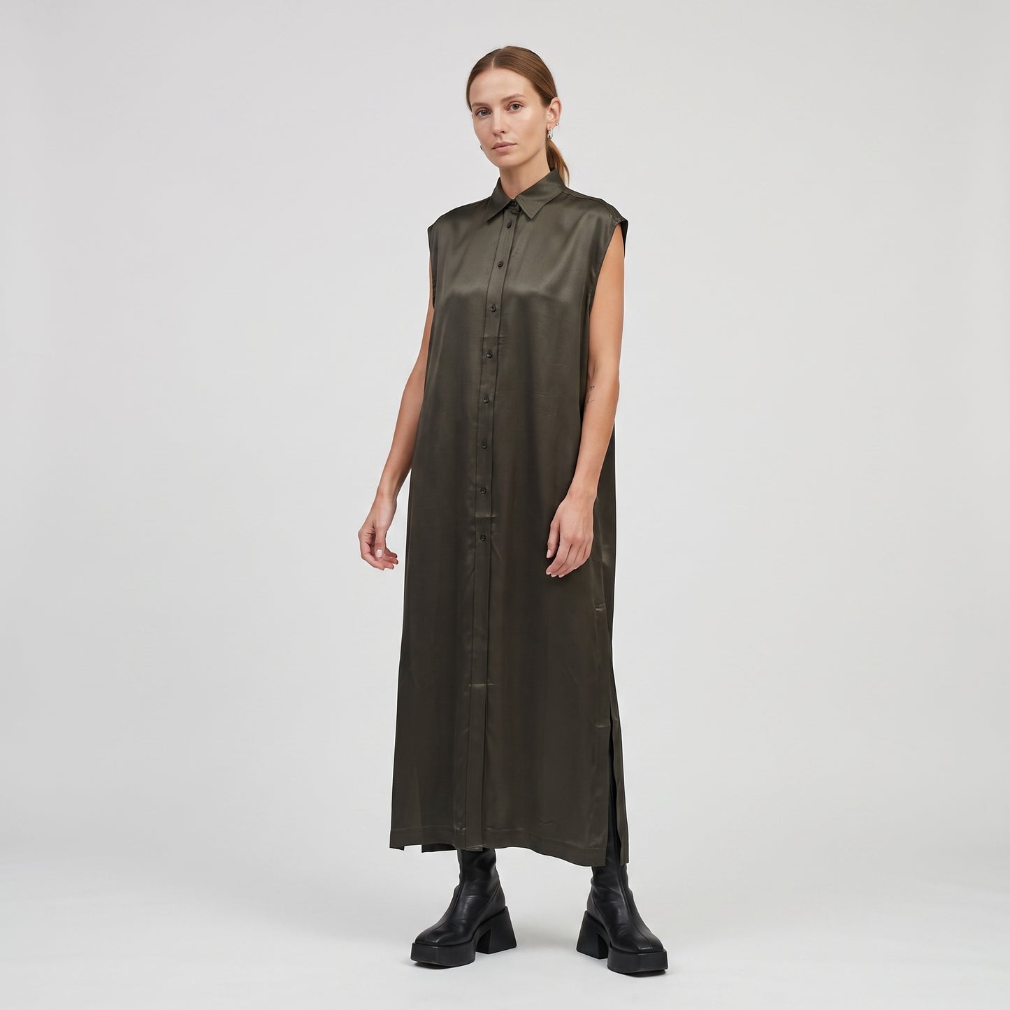 Sleeveless Satin Shirt Dress