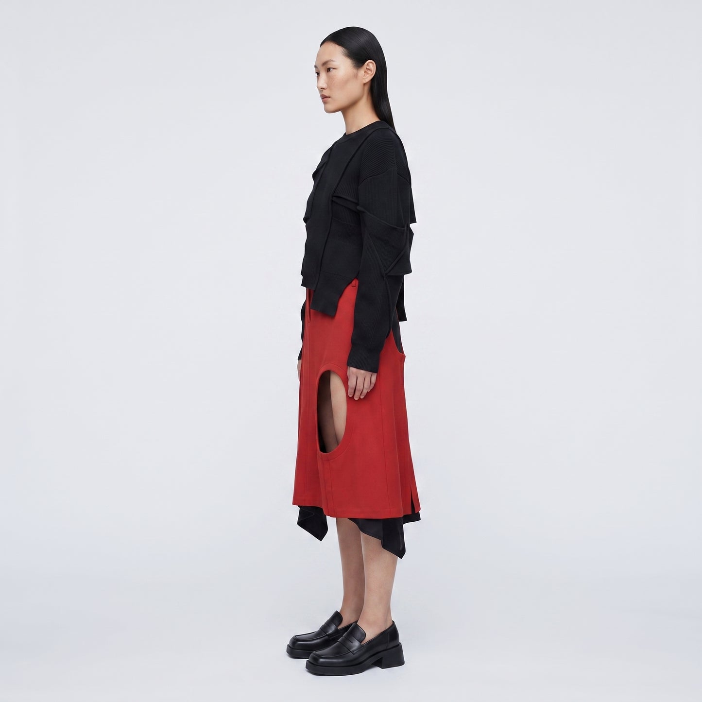 Red Cutout Tailored Midi Skirt