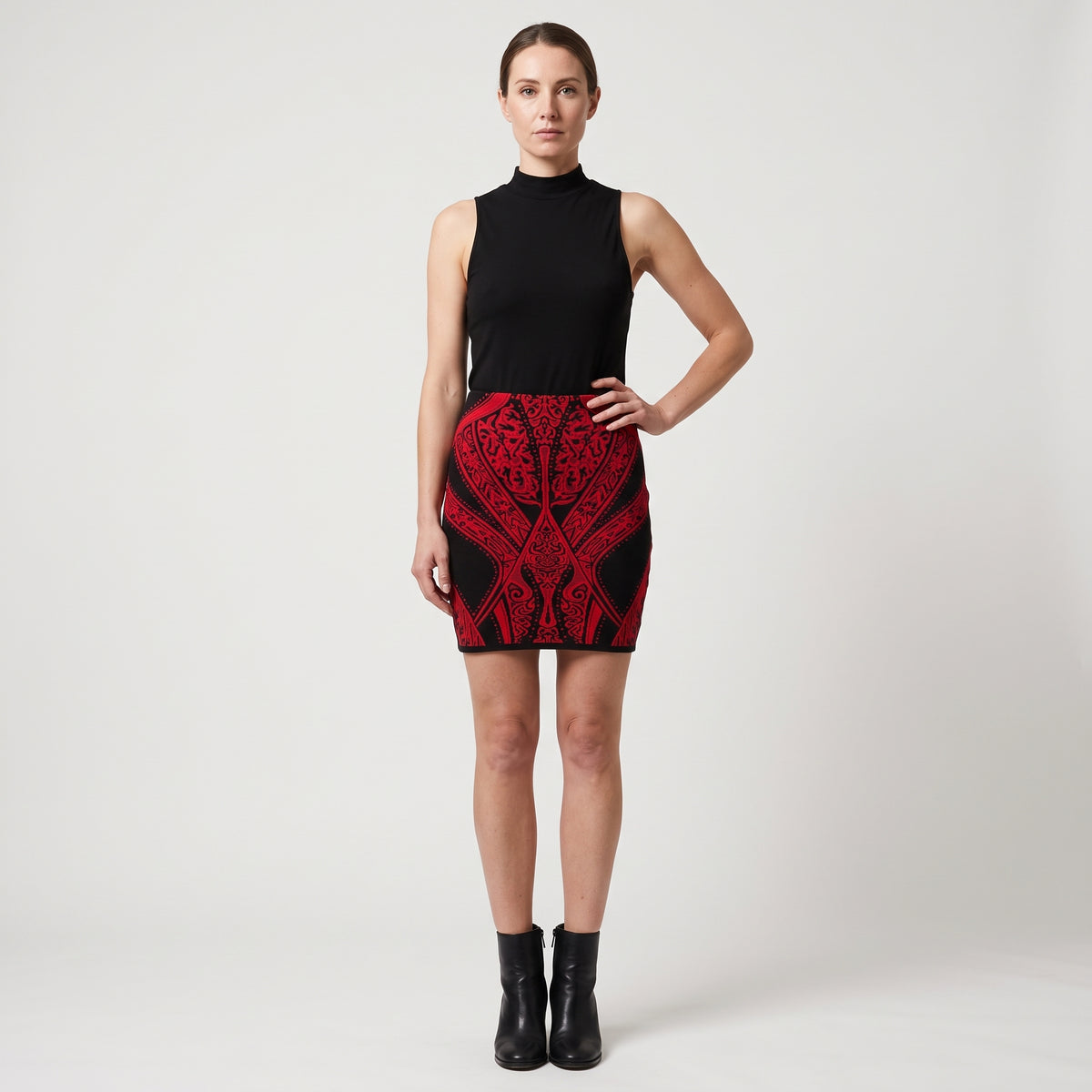 Red and Black Jacquard Skirt