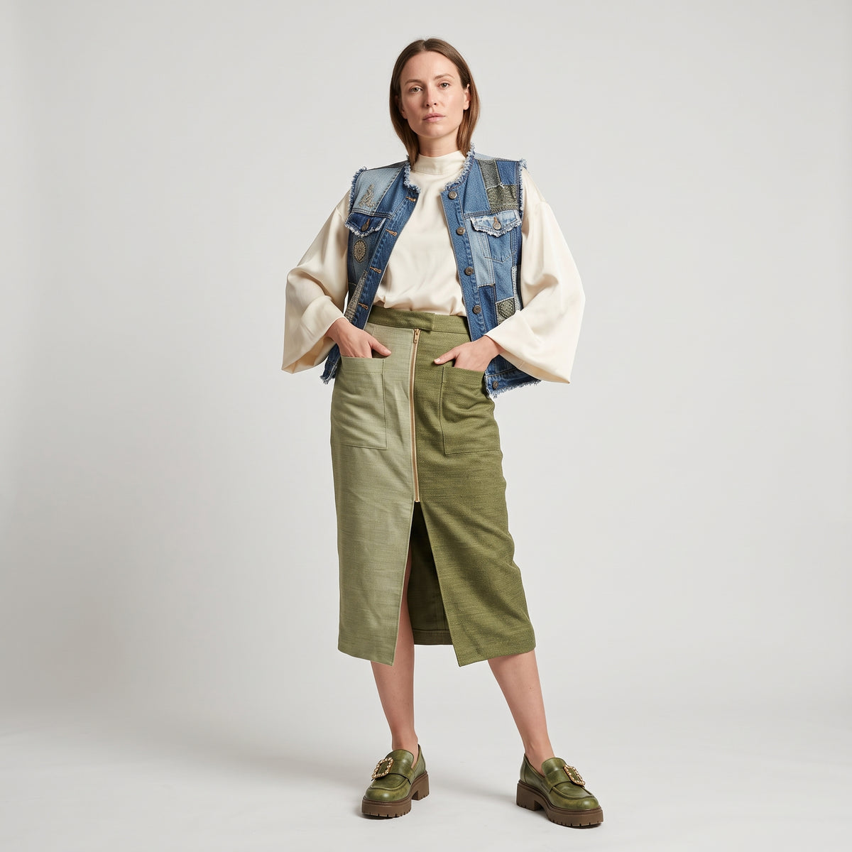 Two-Tone Utility Midi Skirt
