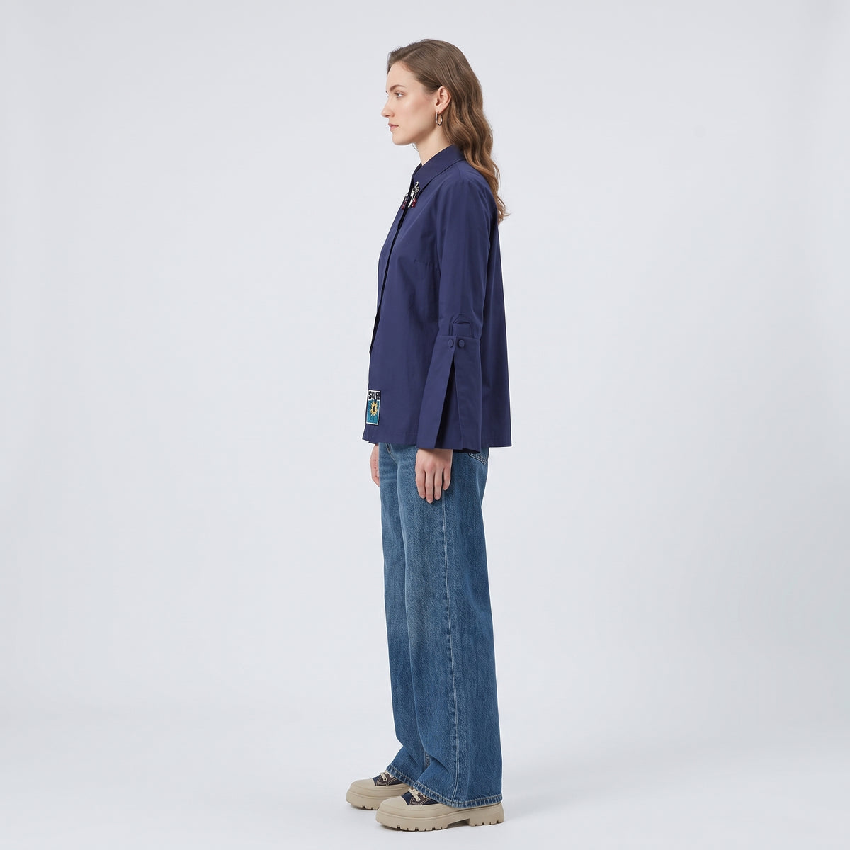 Navy Embellished Poplin Button-Up