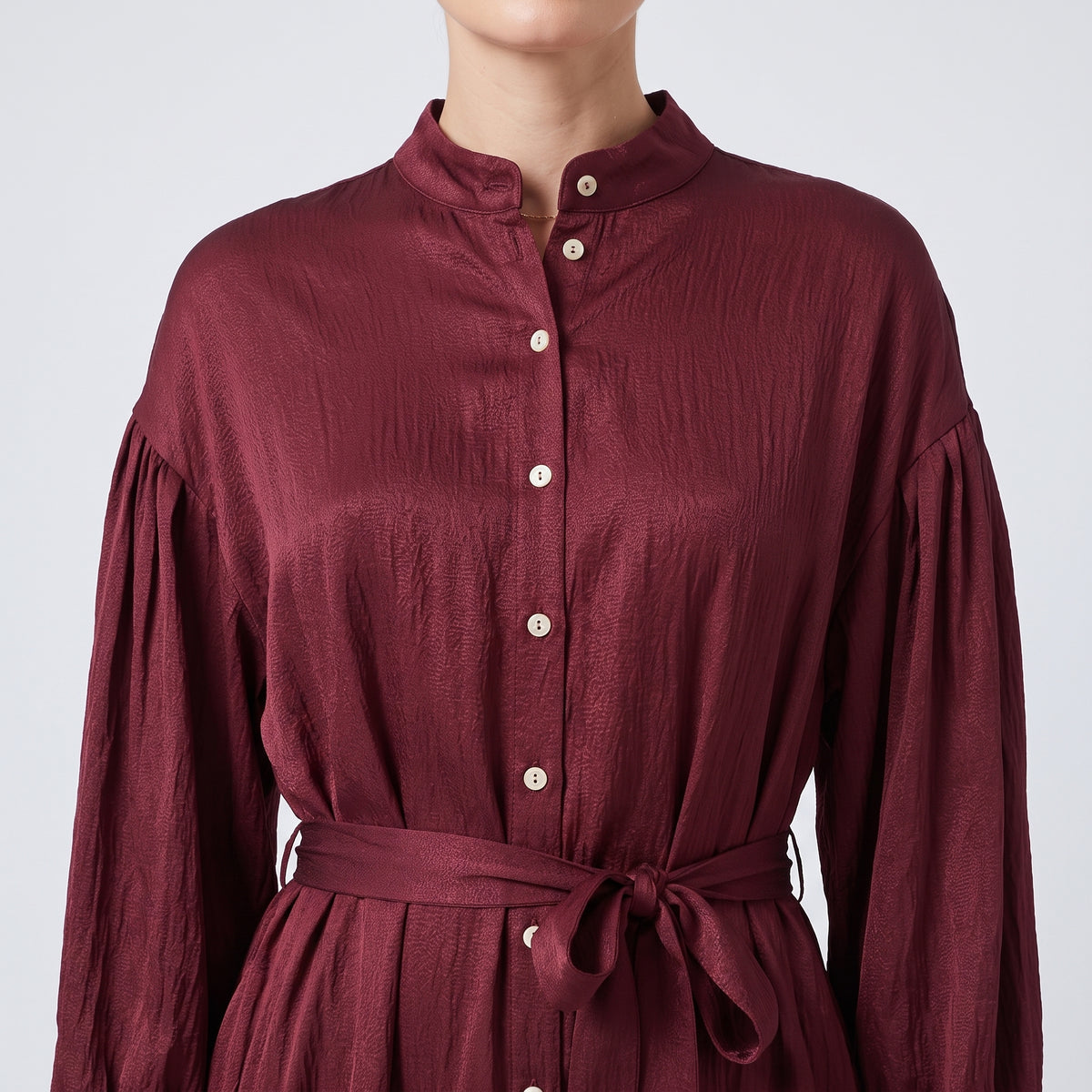 Burgundy Balloon Sleeve Shirt Dress