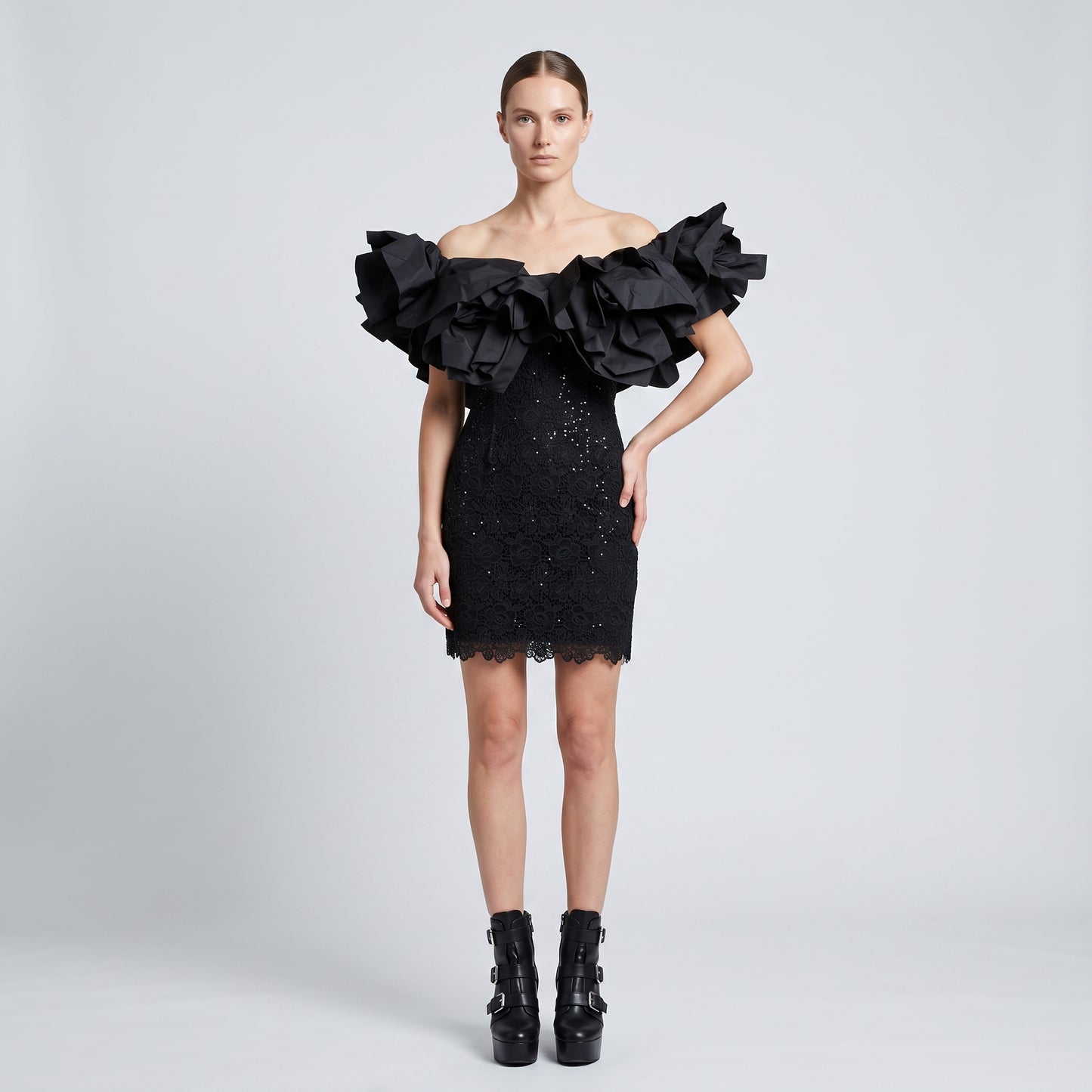 Ruffled Lace Cocktail Mini Dress