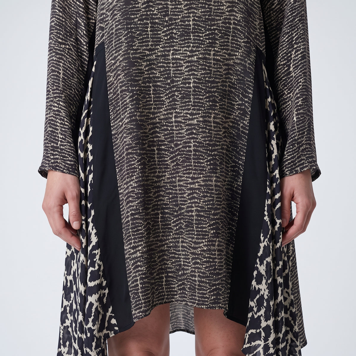Abstract Print Paneled Silk Dress