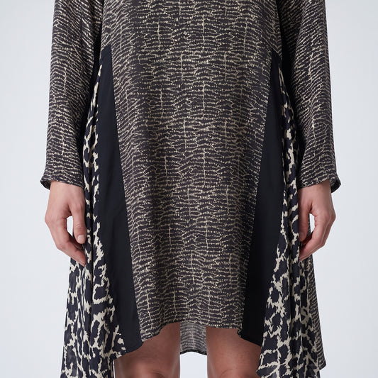 Abstract Print Paneled Silk Dress