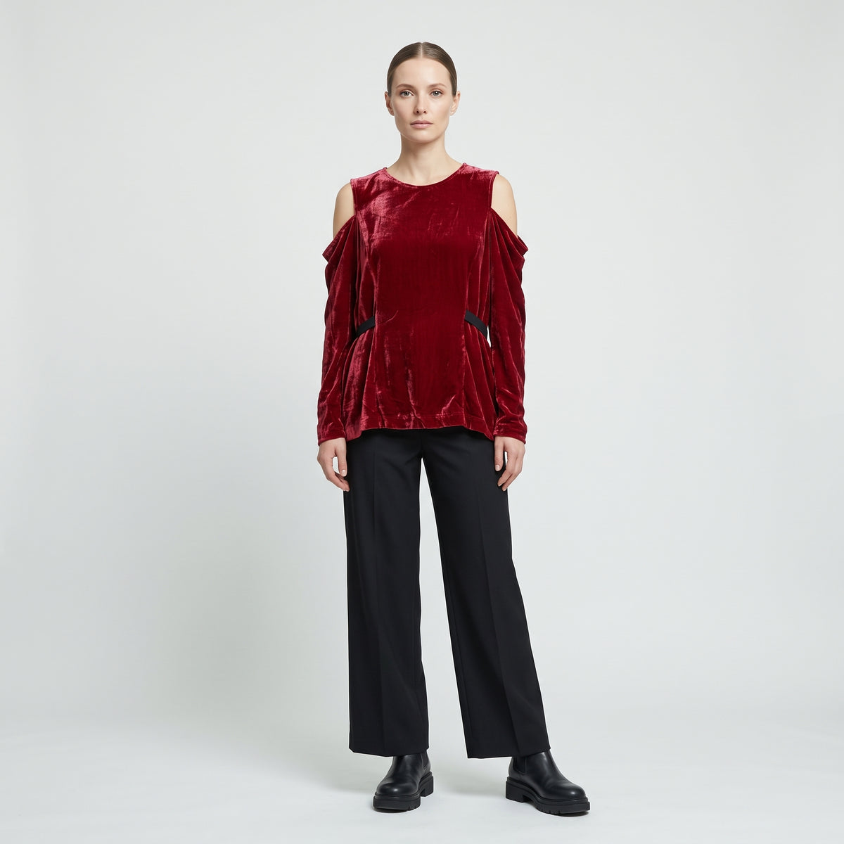 Cold-Shoulder Velvet Peplum Top
