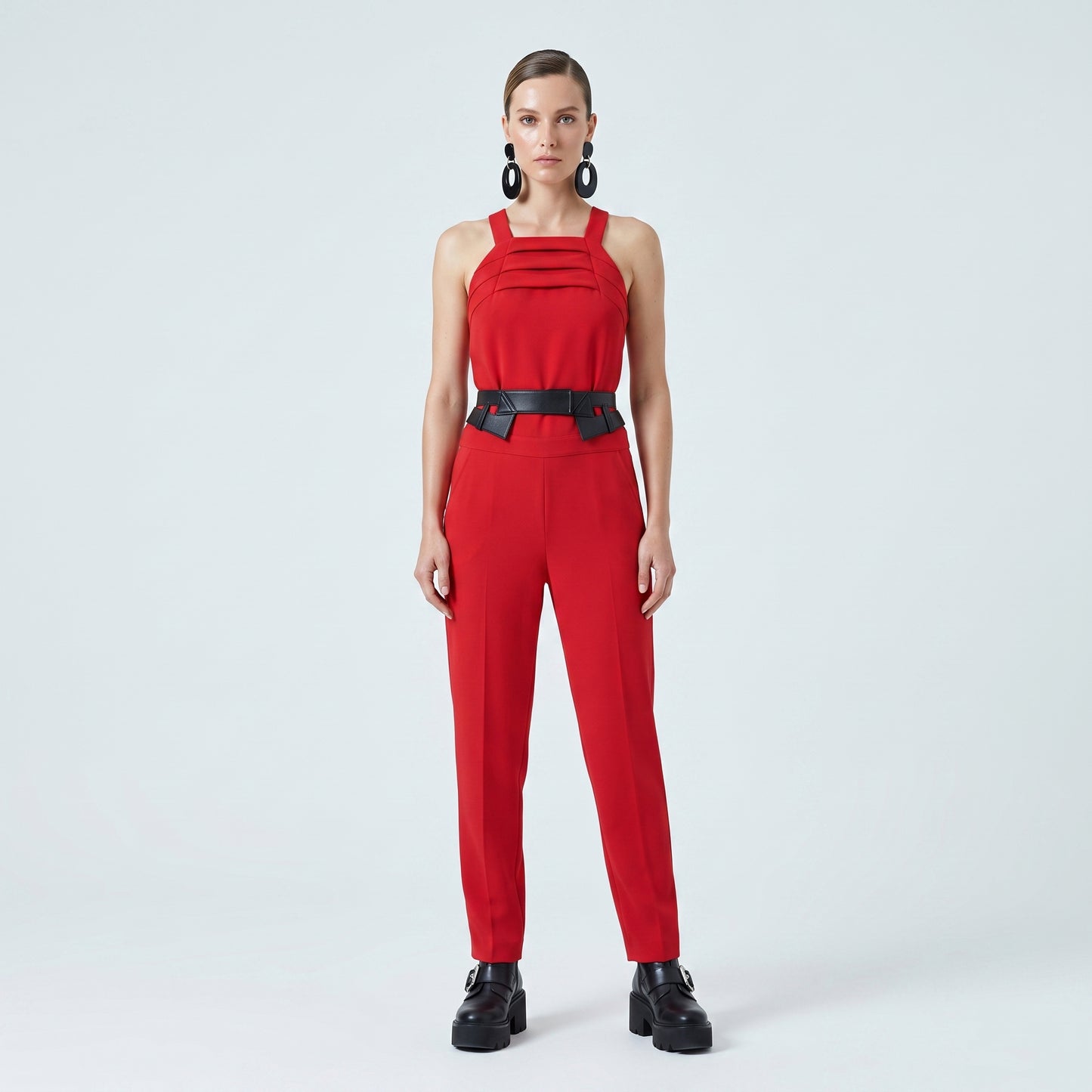 Tailored Pleated Red Jumpsuit