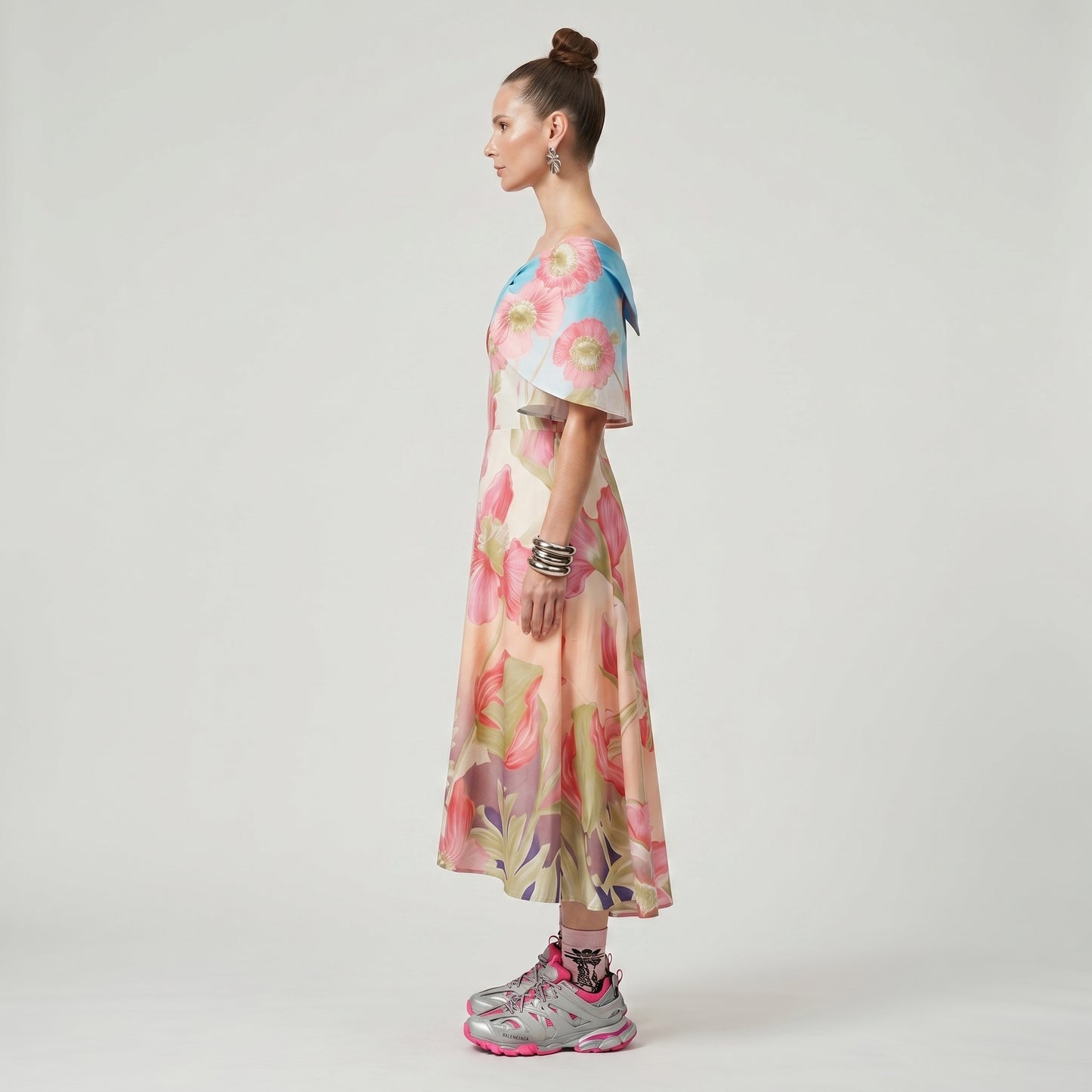 Floral Cape Effect Flare Dress