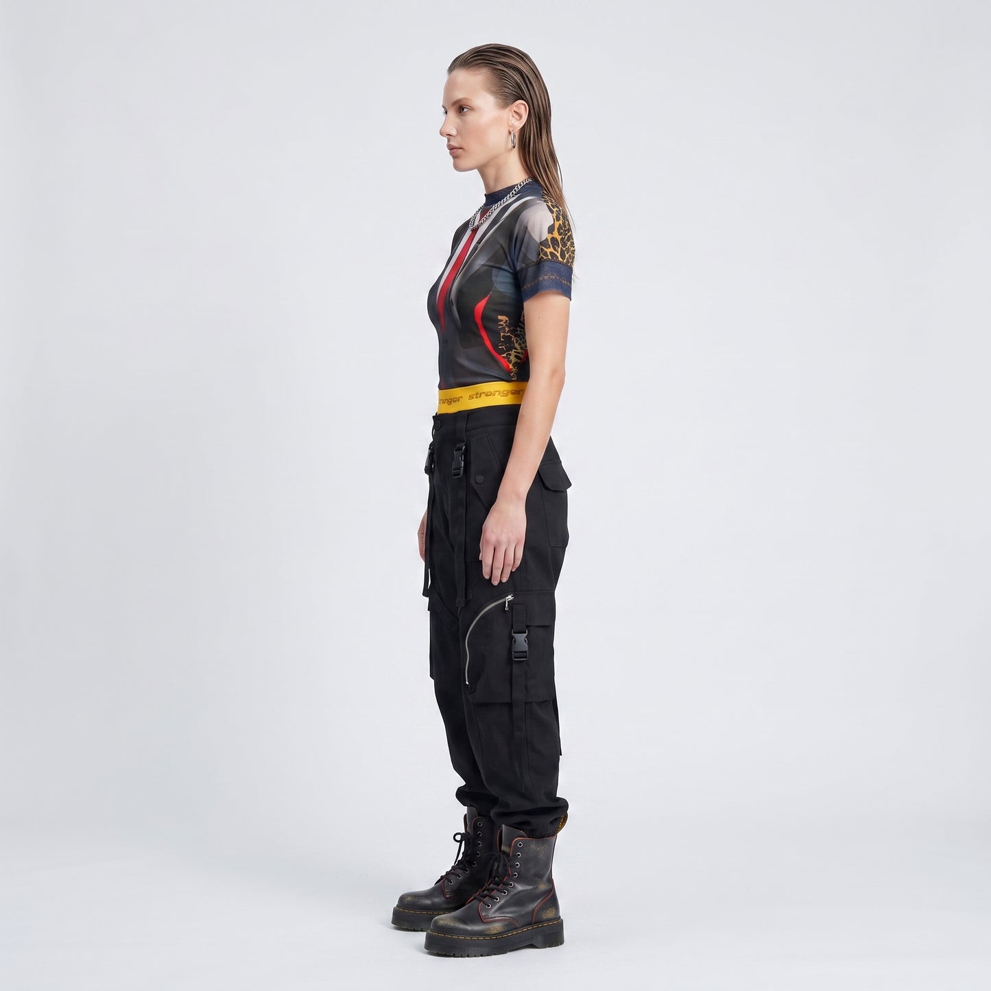 Trompe L'oeil Print Mesh Top