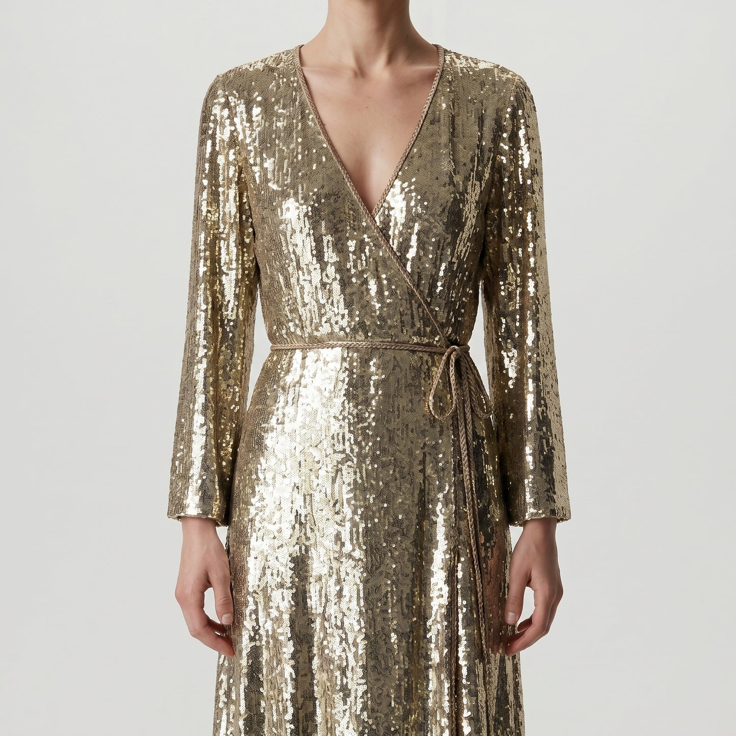 Metallic Sequin Wrap Midi Dress