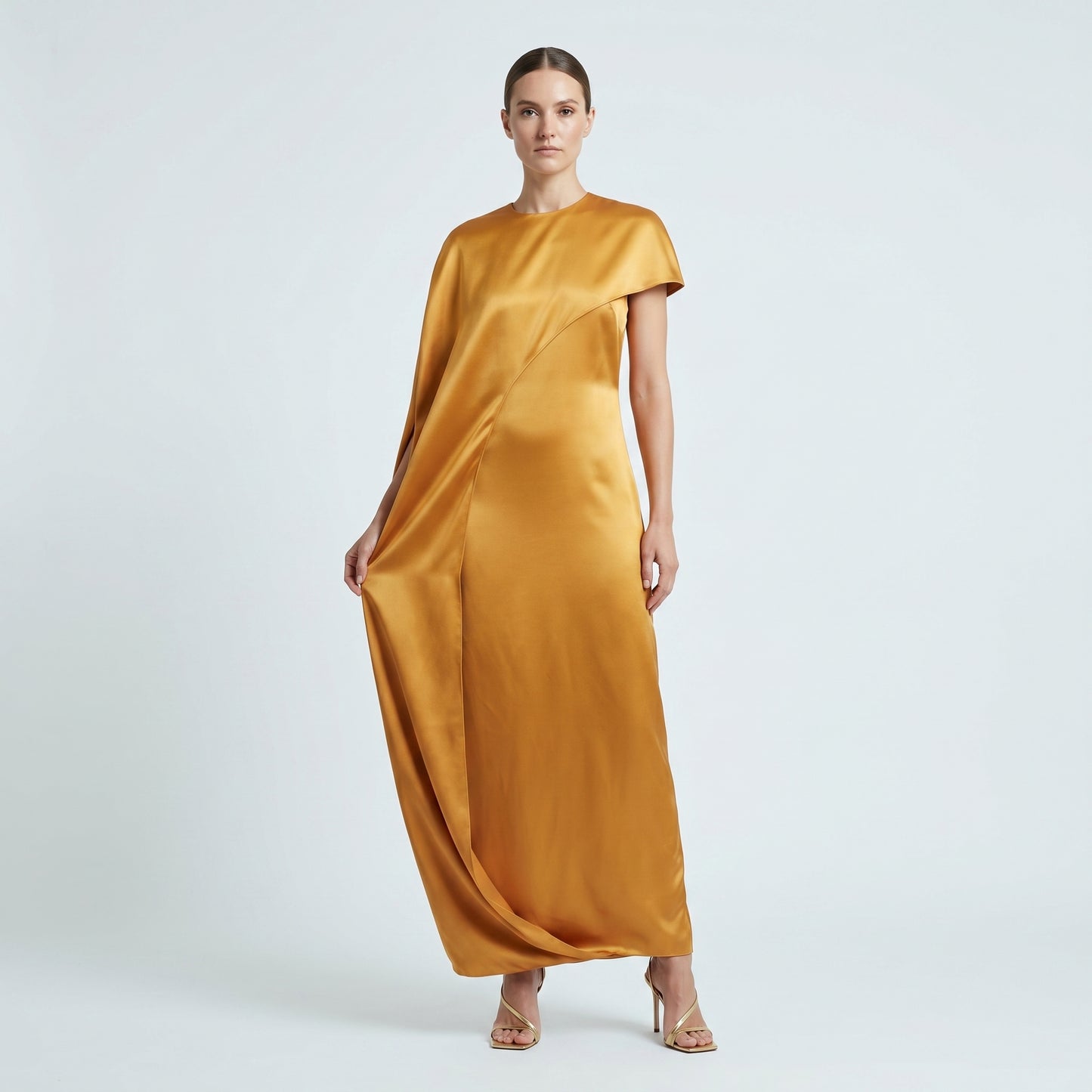 Asymmetric Draped Satin Midi Dress