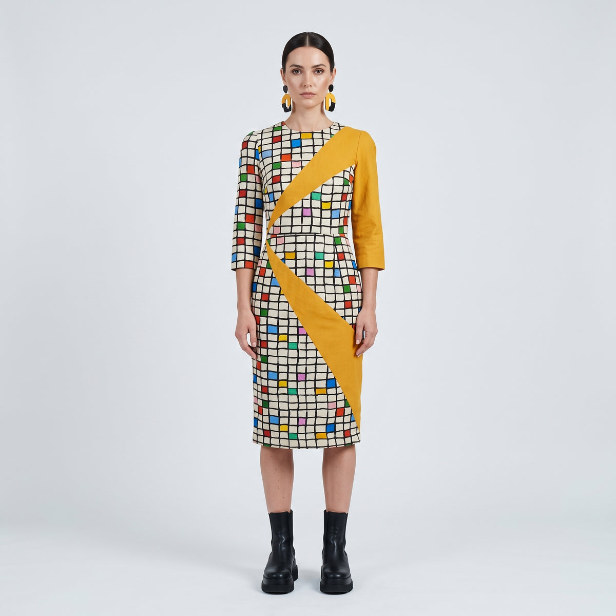 Graphic Grid Panel Sheath Dress