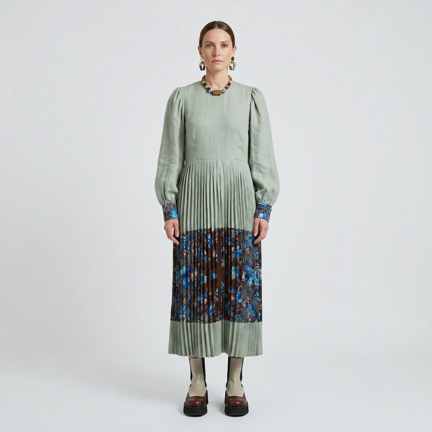 Pleated Linen Floral Midi Dress