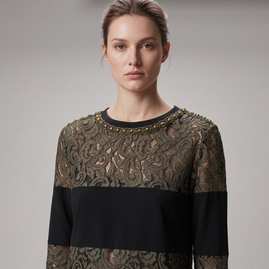 Embroidered Lace Panel Long-Sleeve Top