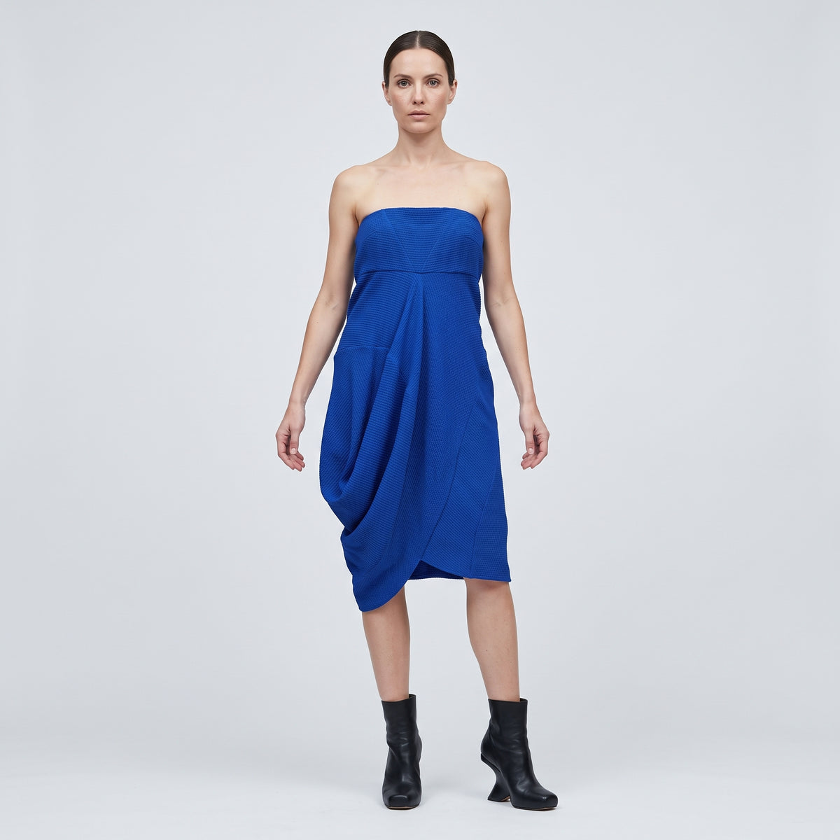Sculptural Strapless Cobalt Mini Dress